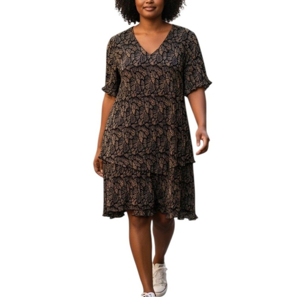 Connected Apparel Tiered Brown Black Floral Stretch Swing Dress